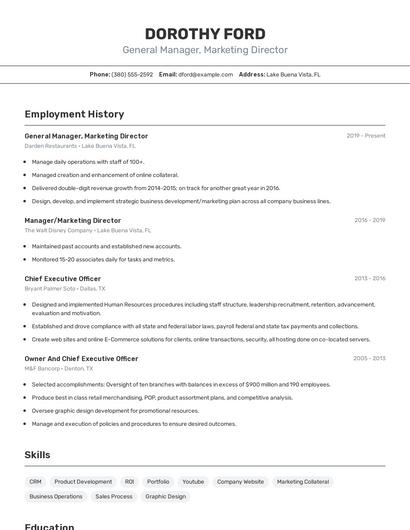 General Manager, Marketing Director Resume