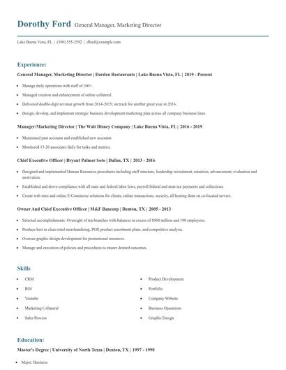 General Manager, Marketing Director Resume