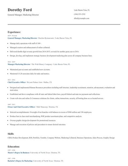 General Manager, Marketing Director Resume