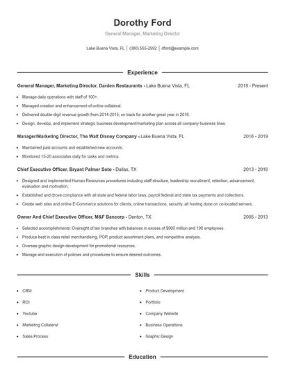 General Manager, Marketing Director Resume