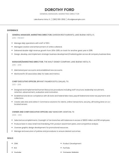 General Manager, Marketing Director Resume