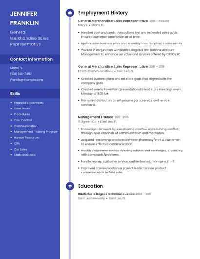 General Merchandise Sales Representative Resume