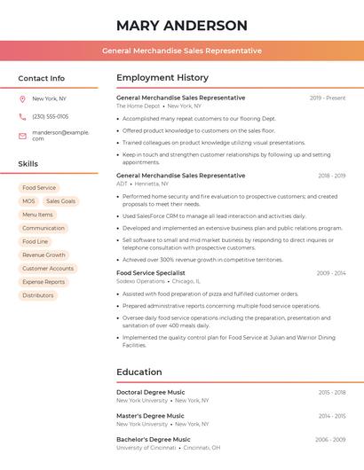 General Merchandise Sales Representative Resume