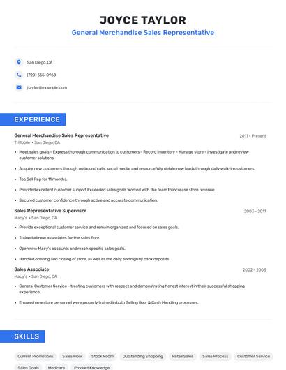 General Merchandise Sales Representative Resume