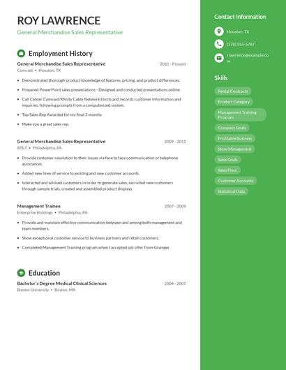 General Merchandise Sales Representative Resume