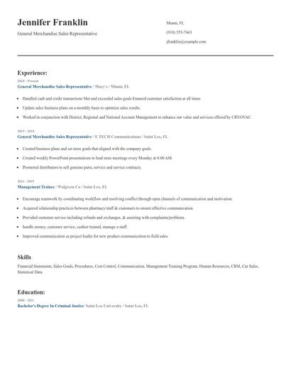 General Merchandise Sales Representative Resume