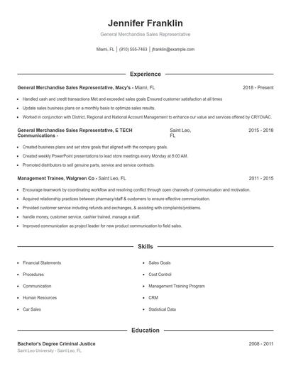 General Merchandise Sales Representative Resume