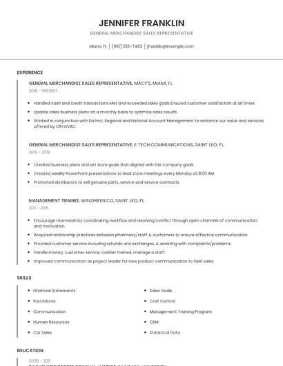 General Merchandise Sales Representative Resume
