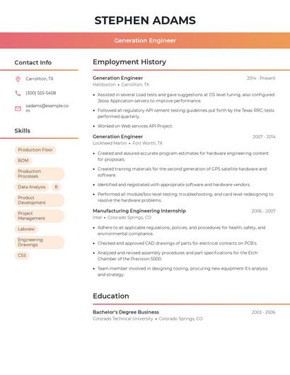 Generation Engineer Resume