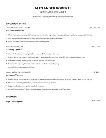 Generator Assembler Resume