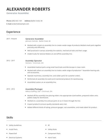 Generator Assembler Resume