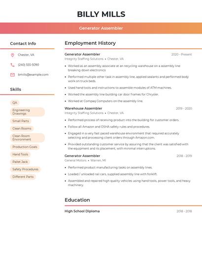 Generator Assembler Resume