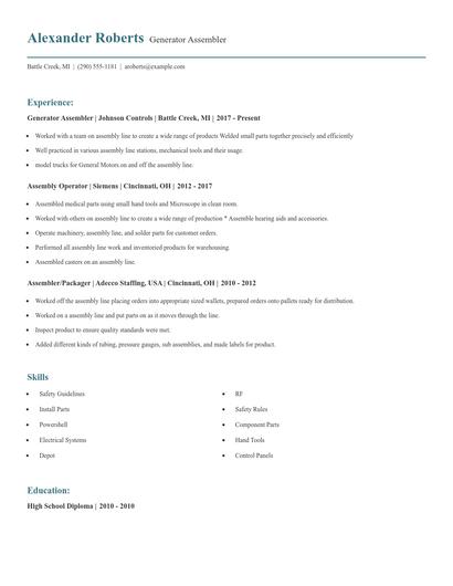 Generator Assembler Resume