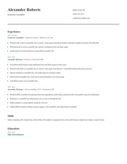 Generator Assembler Resume