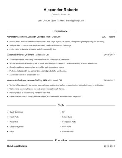 Generator Assembler Resume