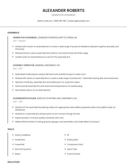 Generator Assembler Resume