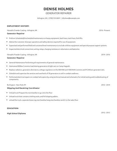 Generator Repairer Resume