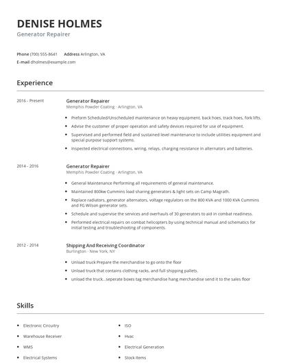 Generator Repairer Resume