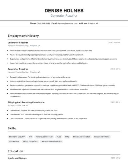 Generator Repairer Resume