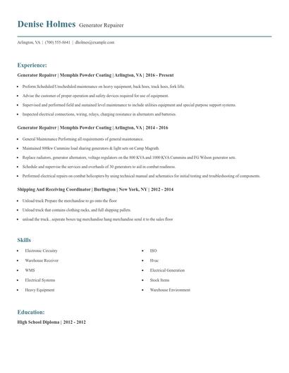 Generator Repairer Resume