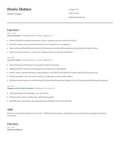 Generator Repairer Resume