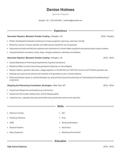 Generator Repairer Resume