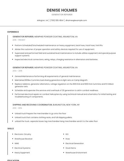 Generator Repairer Resume