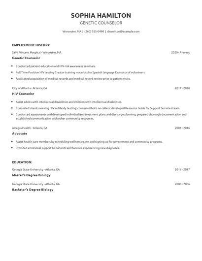 Genetic Counselor Resume