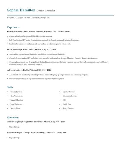 Genetic Counselor Resume