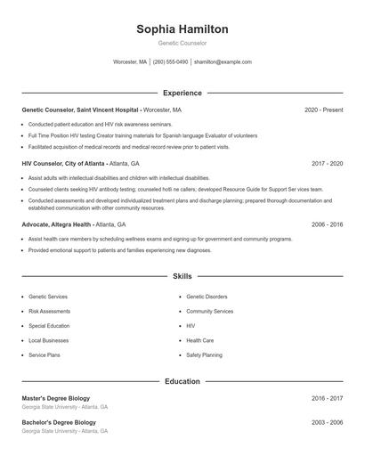 Genetic Counselor Resume