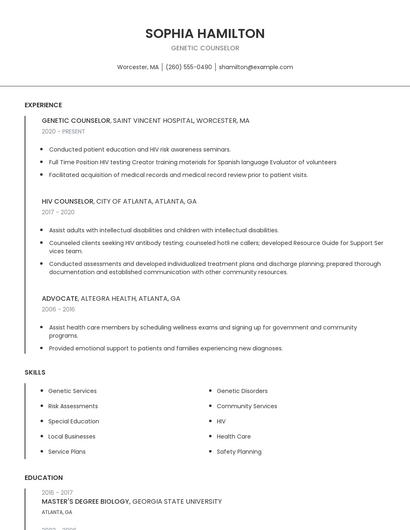 Genetic Counselor Resume