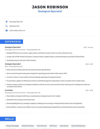 Geological Specialist Resume