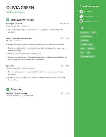 Geological Specialist Resume