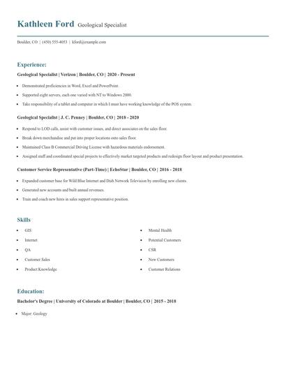 Geological Specialist Resume