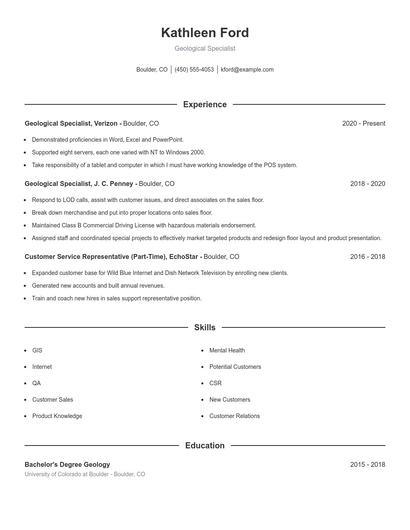 Geological Specialist Resume