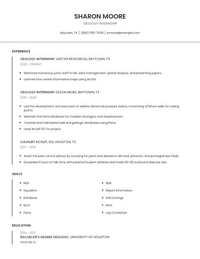 Geology Internship Resume
