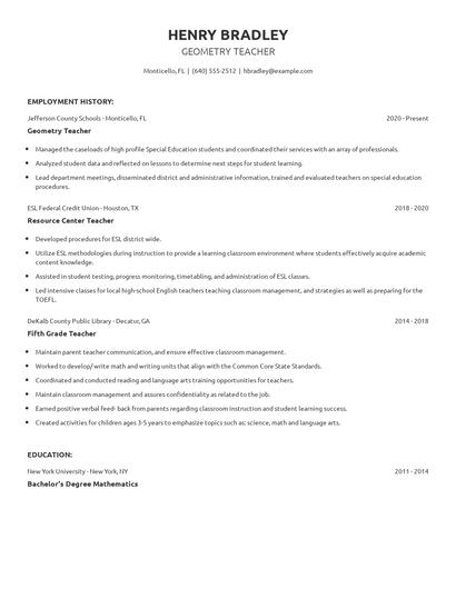 Geometry Teacher Resume
