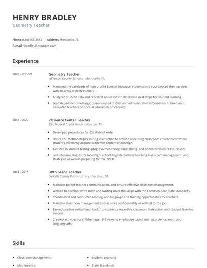 Geometry Teacher Resume
