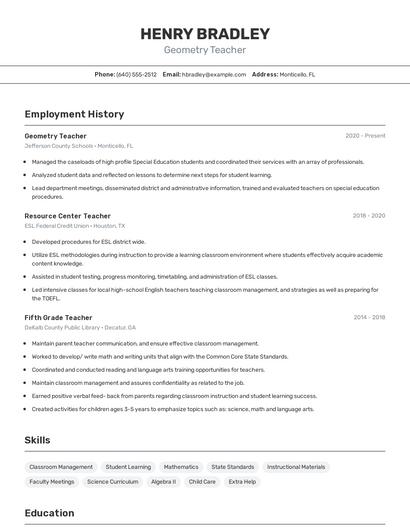 Geometry Teacher Resume