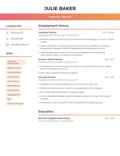 Geometry Teacher Resume