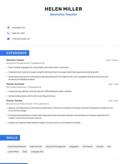 Geometry Teacher Resume