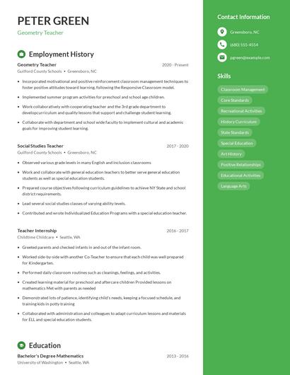 Geometry Teacher Resume