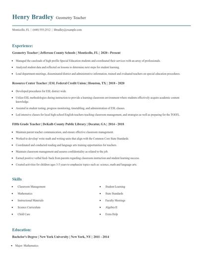 Geometry Teacher Resume