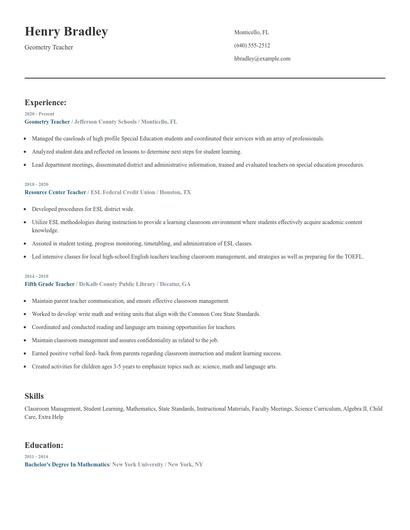 Geometry Teacher Resume