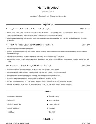 Geometry Teacher Resume