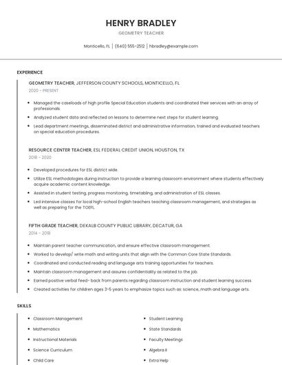 Geometry Teacher Resume