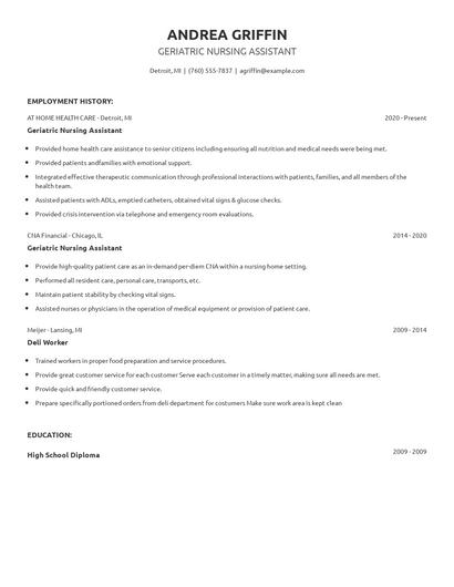 Geriatric Nursing Assistant Resume