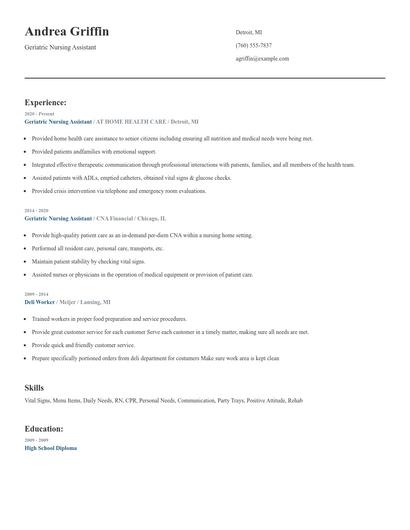 Geriatric Nursing Assistant Resume