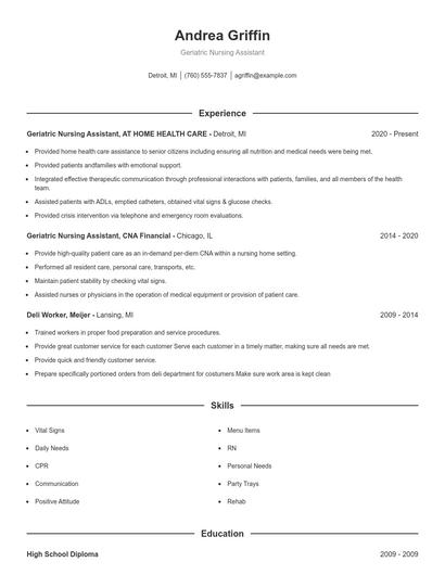 Geriatric Nursing Assistant Resume