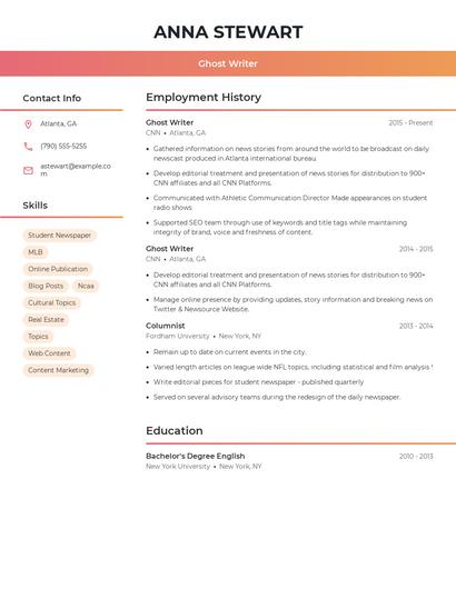 Ghost Writer Resume